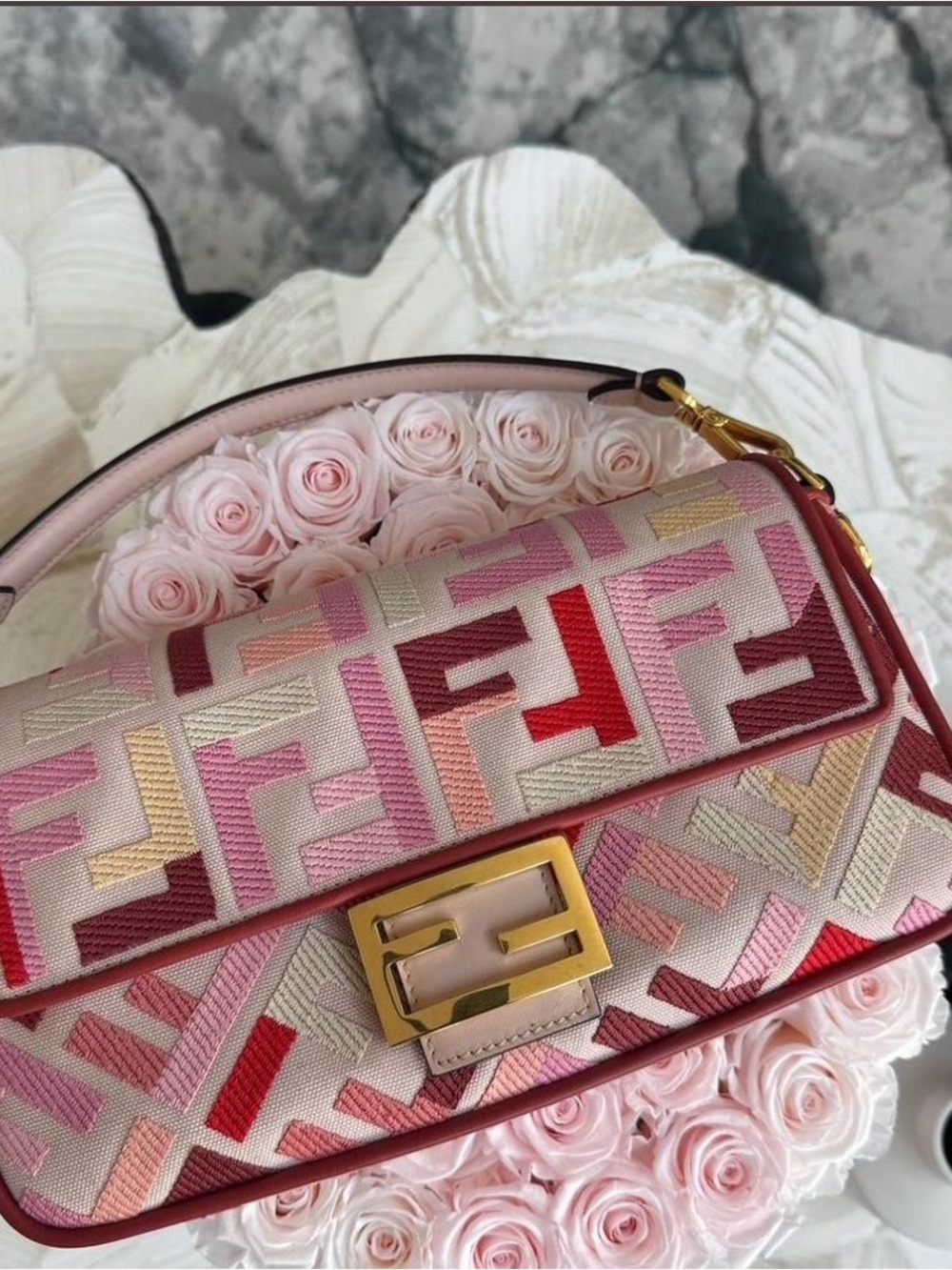 Fendi Pink Multitone FF-Jacquard Shoulder Baguette